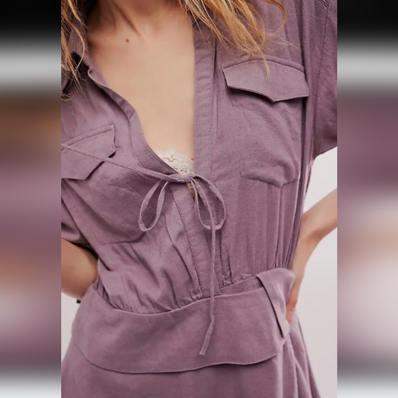 Free People Maxwell Linen Blend Mini Dress in Quail Size Medium NWOT $148 - Picture 2 of 12